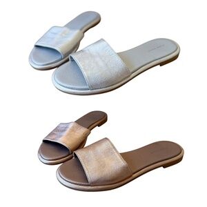 2 PR PURE NAVY LEATHER SLIDE SANDALS ROSE GOLD & SILVER LOW HEEL SUMMER CHIC 8.5